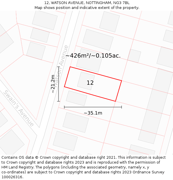 12, WATSON AVENUE, NOTTINGHAM, NG3 7BL: Plot and title map