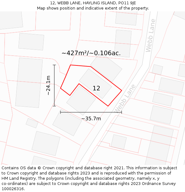 12, WEBB LANE, HAYLING ISLAND, PO11 9JE: Plot and title map