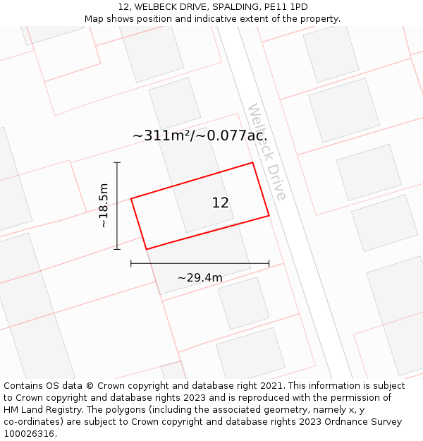 12, WELBECK DRIVE, SPALDING, PE11 1PD: Plot and title map