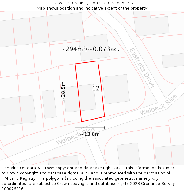 12, WELBECK RISE, HARPENDEN, AL5 1SN: Plot and title map