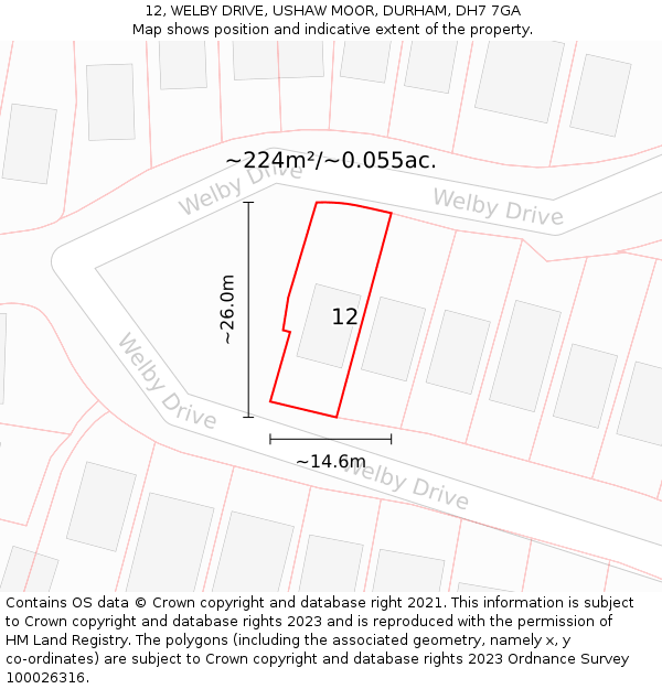 12, WELBY DRIVE, USHAW MOOR, DURHAM, DH7 7GA: Plot and title map