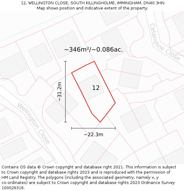 12, WELLINGTON CLOSE, SOUTH KILLINGHOLME, IMMINGHAM, DN40 3HN: Plot and title map