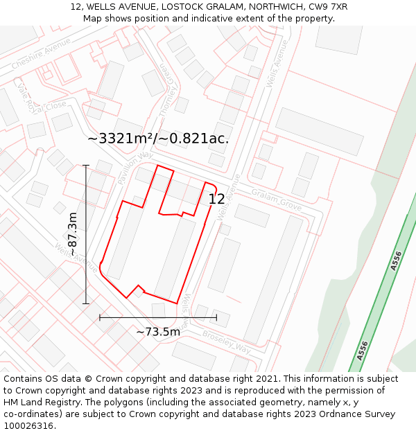 12, WELLS AVENUE, LOSTOCK GRALAM, NORTHWICH, CW9 7XR: Plot and title map