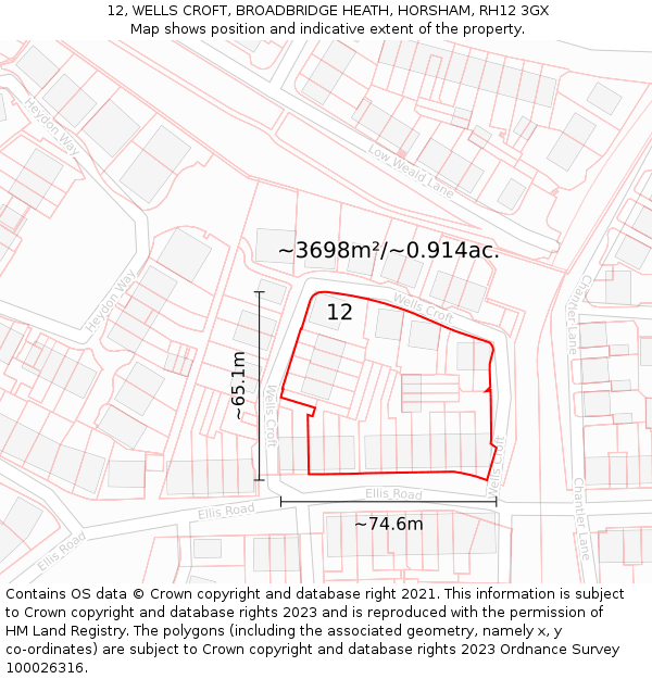 12, WELLS CROFT, BROADBRIDGE HEATH, HORSHAM, RH12 3GX: Plot and title map