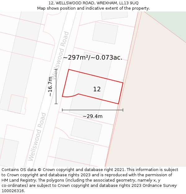 12, WELLSWOOD ROAD, WREXHAM, LL13 9UQ: Plot and title map