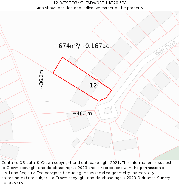 12, WEST DRIVE, TADWORTH, KT20 5PA: Plot and title map