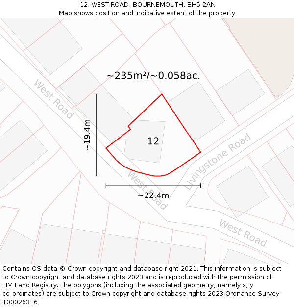 12, WEST ROAD, BOURNEMOUTH, BH5 2AN: Plot and title map