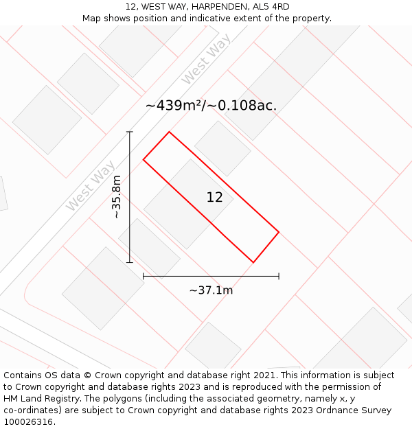 12, WEST WAY, HARPENDEN, AL5 4RD: Plot and title map