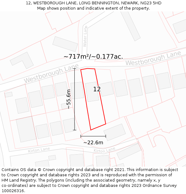 12, WESTBOROUGH LANE, LONG BENNINGTON, NEWARK, NG23 5HD: Plot and title map