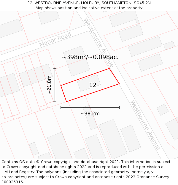 12, WESTBOURNE AVENUE, HOLBURY, SOUTHAMPTON, SO45 2NJ: Plot and title map