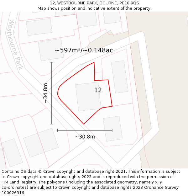 12, WESTBOURNE PARK, BOURNE, PE10 9QS: Plot and title map