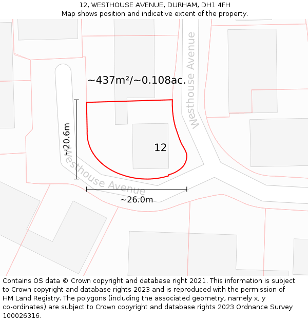 12, WESTHOUSE AVENUE, DURHAM, DH1 4FH: Plot and title map