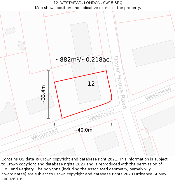 12, WESTMEAD, LONDON, SW15 5BQ: Plot and title map
