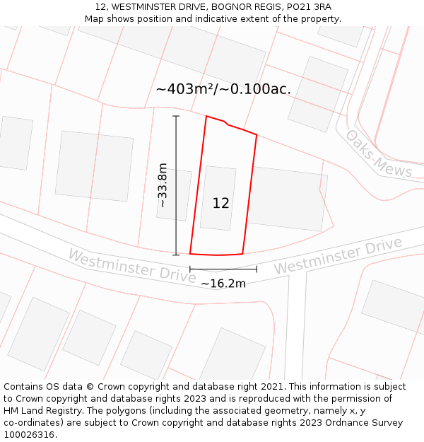 12, WESTMINSTER DRIVE, BOGNOR REGIS, PO21 3RA: Plot and title map