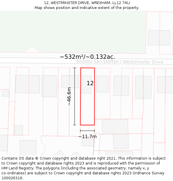 12, WESTMINSTER DRIVE, WREXHAM, LL12 7AU: Plot and title map