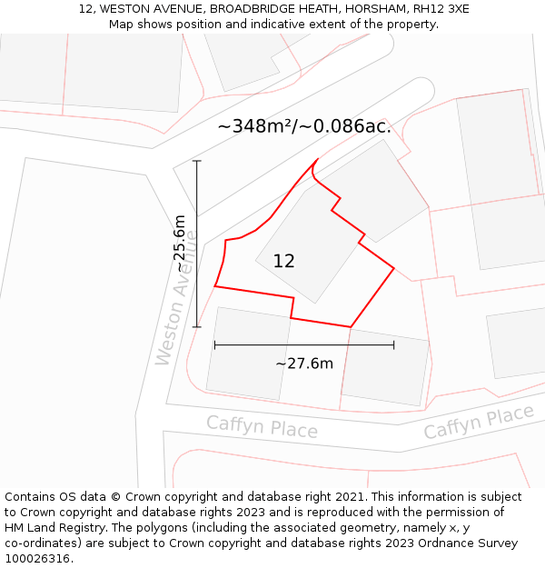 12, WESTON AVENUE, BROADBRIDGE HEATH, HORSHAM, RH12 3XE: Plot and title map