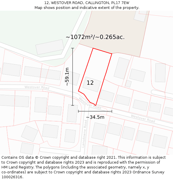 12, WESTOVER ROAD, CALLINGTON, PL17 7EW: Plot and title map