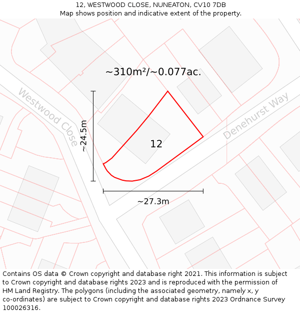 12, WESTWOOD CLOSE, NUNEATON, CV10 7DB: Plot and title map