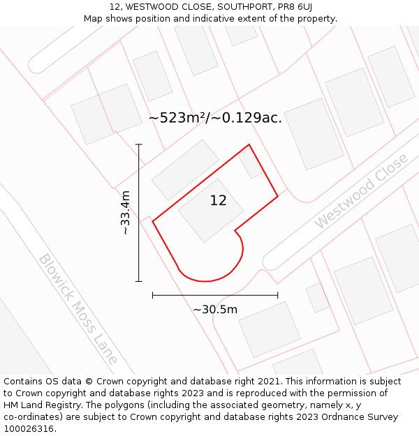 12, WESTWOOD CLOSE, SOUTHPORT, PR8 6UJ: Plot and title map