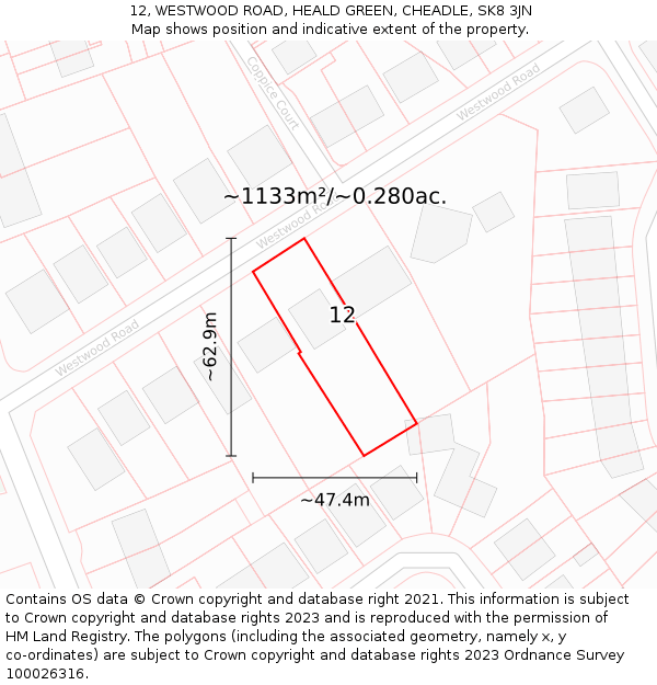 12, WESTWOOD ROAD, HEALD GREEN, CHEADLE, SK8 3JN: Plot and title map