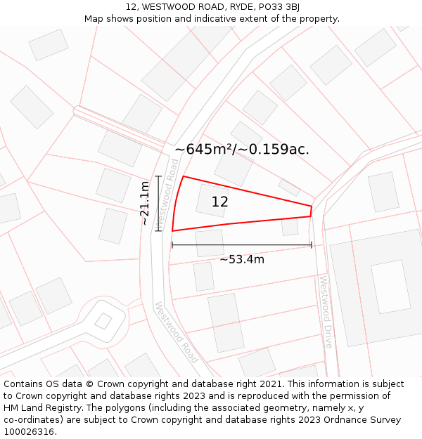 12, WESTWOOD ROAD, RYDE, PO33 3BJ: Plot and title map