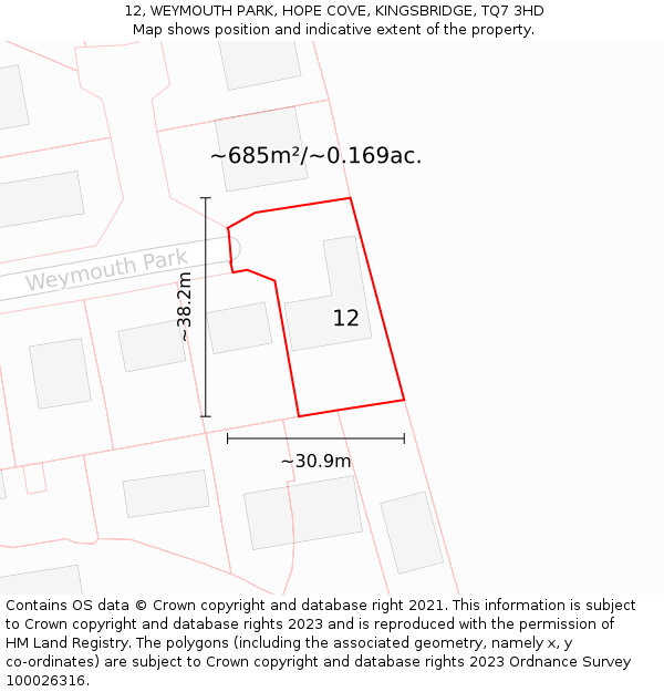 12, WEYMOUTH PARK, HOPE COVE, KINGSBRIDGE, TQ7 3HD: Plot and title map