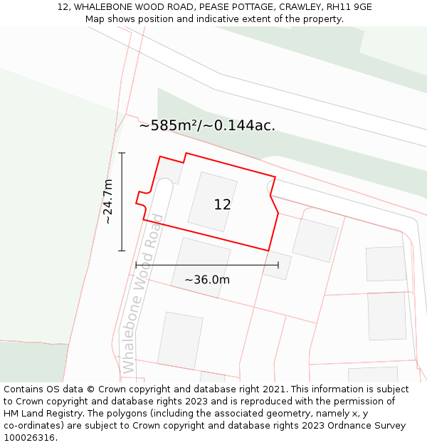 12, WHALEBONE WOOD ROAD, PEASE POTTAGE, CRAWLEY, RH11 9GE: Plot and title map