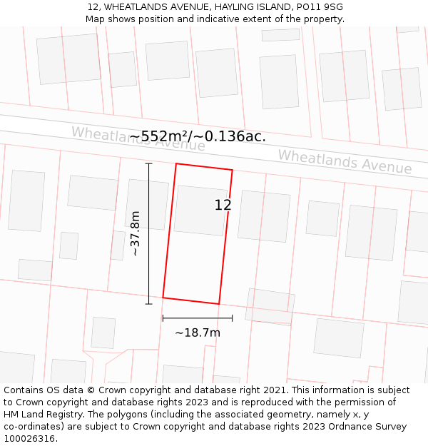 12, WHEATLANDS AVENUE, HAYLING ISLAND, PO11 9SG: Plot and title map