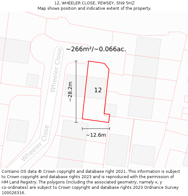 12, WHEELER CLOSE, PEWSEY, SN9 5HZ: Plot and title map