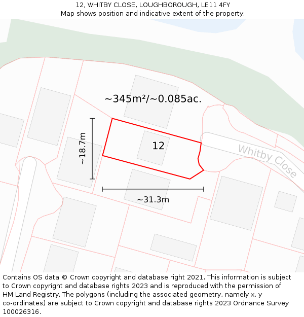12, WHITBY CLOSE, LOUGHBOROUGH, LE11 4FY: Plot and title map