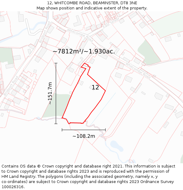 12, WHITCOMBE ROAD, BEAMINSTER, DT8 3NE: Plot and title map