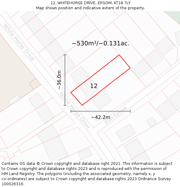 12, WHITEHORSE DRIVE, EPSOM, KT18 7LY: Plot and title map