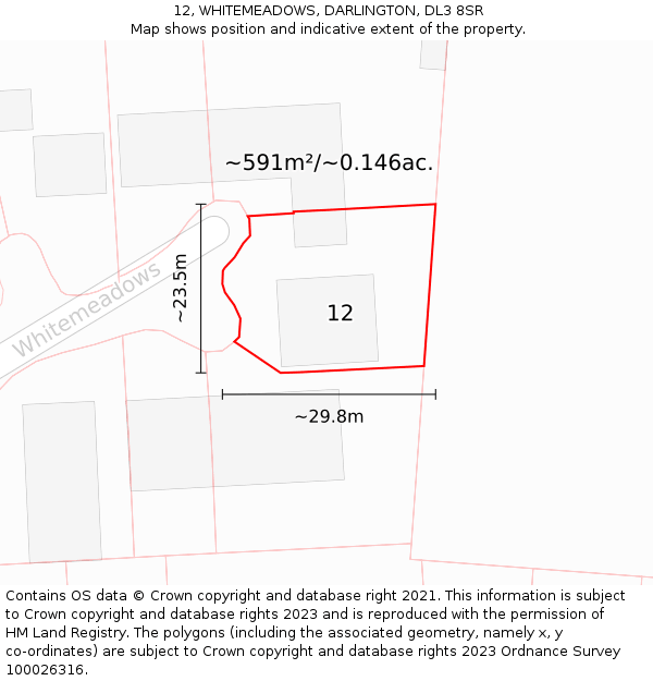 12, WHITEMEADOWS, DARLINGTON, DL3 8SR: Plot and title map