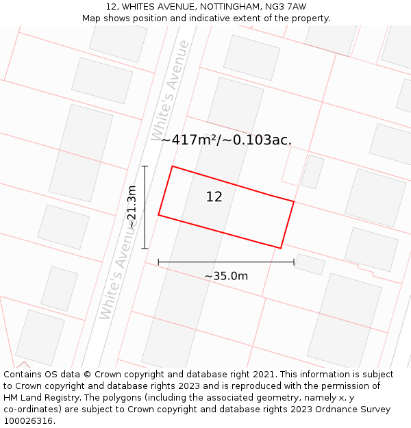 12, WHITES AVENUE, NOTTINGHAM, NG3 7AW: Plot and title map