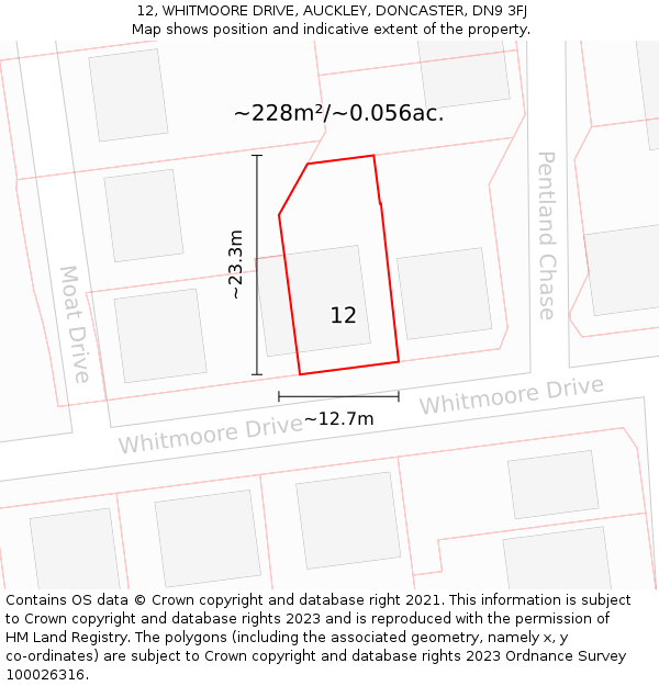 12, WHITMOORE DRIVE, AUCKLEY, DONCASTER, DN9 3FJ: Plot and title map