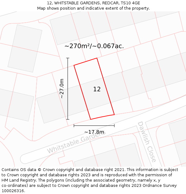 12, WHITSTABLE GARDENS, REDCAR, TS10 4GE: Plot and title map