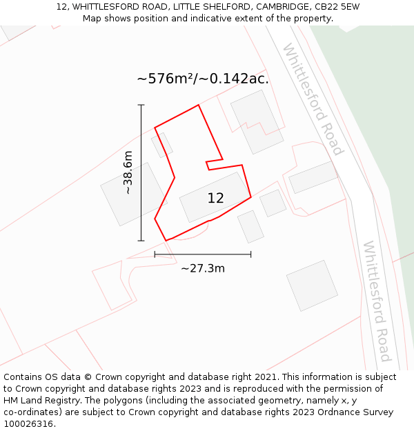 12, WHITTLESFORD ROAD, LITTLE SHELFORD, CAMBRIDGE, CB22 5EW: Plot and title map