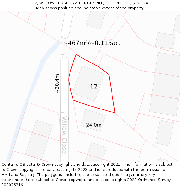 12, WILLOW CLOSE, EAST HUNTSPILL, HIGHBRIDGE, TA9 3NX: Plot and title map