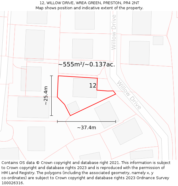 12, WILLOW DRIVE, WREA GREEN, PRESTON, PR4 2NT: Plot and title map