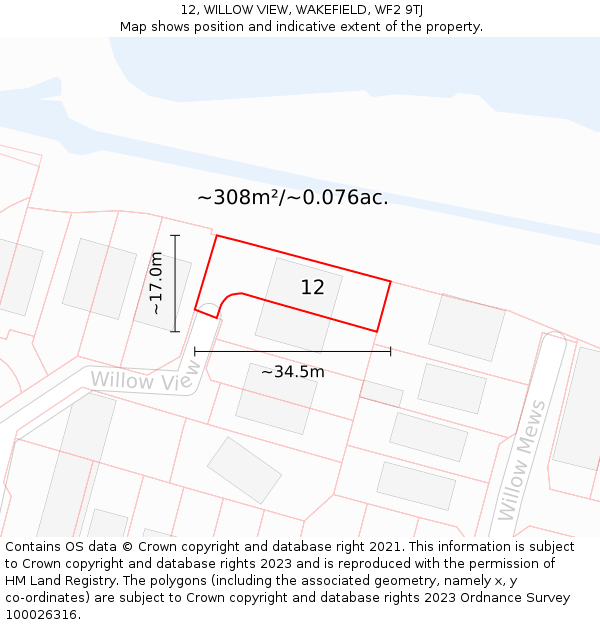 12, WILLOW VIEW, WAKEFIELD, WF2 9TJ: Plot and title map