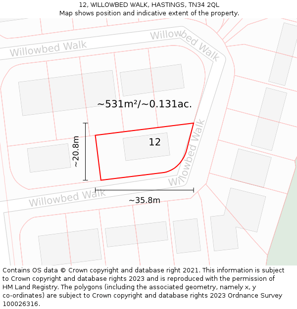 12, WILLOWBED WALK, HASTINGS, TN34 2QL: Plot and title map