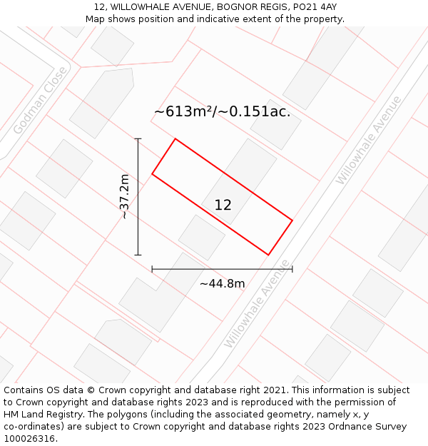 12, WILLOWHALE AVENUE, BOGNOR REGIS, PO21 4AY: Plot and title map