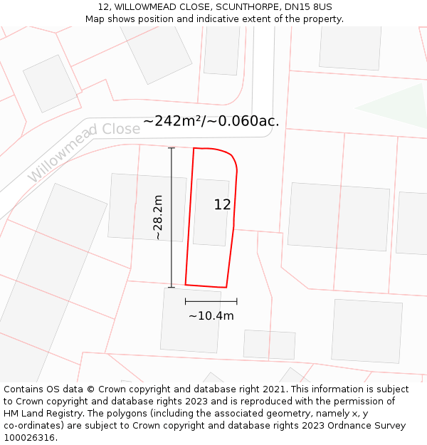 12, WILLOWMEAD CLOSE, SCUNTHORPE, DN15 8US: Plot and title map