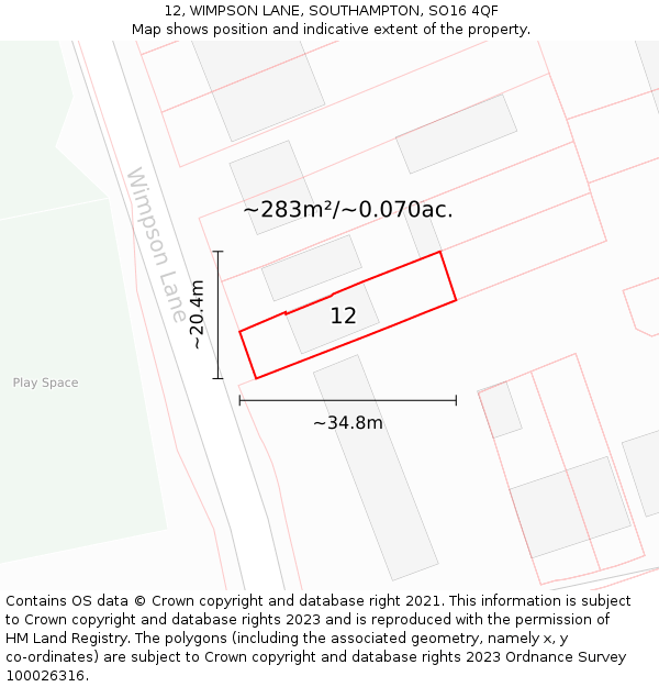 12, WIMPSON LANE, SOUTHAMPTON, SO16 4QF: Plot and title map