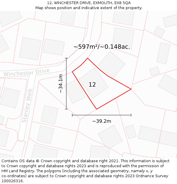 12, WINCHESTER DRIVE, EXMOUTH, EX8 5QA: Plot and title map