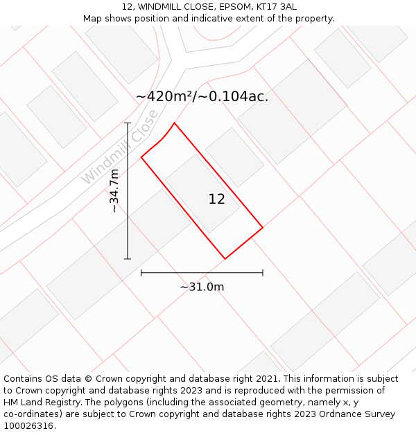 12, WINDMILL CLOSE, EPSOM, KT17 3AL: Plot and title map