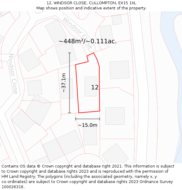 12, WINDSOR CLOSE, CULLOMPTON, EX15 1XL: Plot and title map