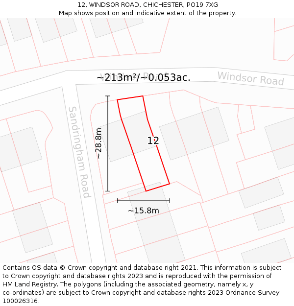 12, WINDSOR ROAD, CHICHESTER, PO19 7XG: Plot and title map