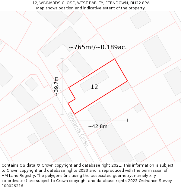 12, WINNARDS CLOSE, WEST PARLEY, FERNDOWN, BH22 8PA: Plot and title map