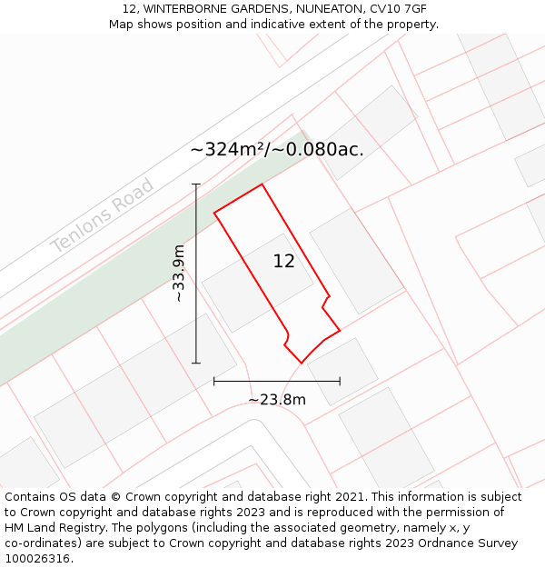 12, WINTERBORNE GARDENS, NUNEATON, CV10 7GF: Plot and title map